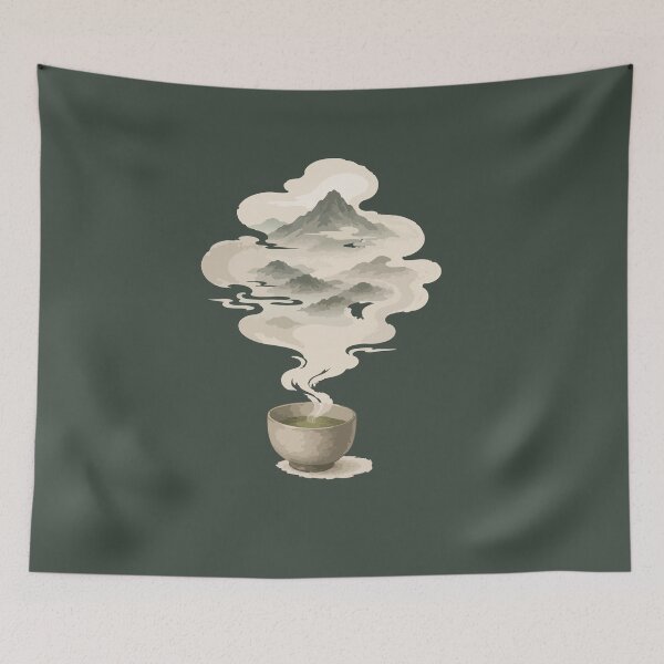 Item preview, Japanese Tea and Mountain Landscape Steam Illustration designed and sold by SimplePoDesign.