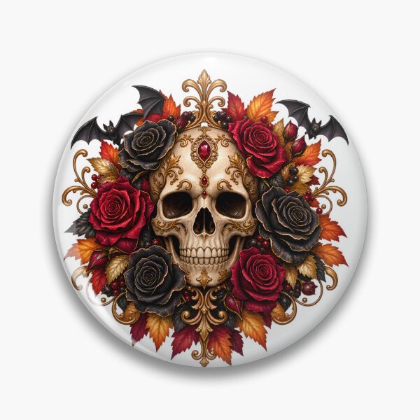 Item preview, Ornate Gothic Skull – Ebony Roses, Rich Red Flowers & Golden Filigree designed and sold by Clothes With Smiling Animals Walt Gral.