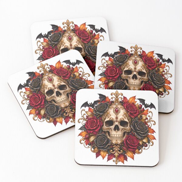 Item preview, Ornate Gothic Skull – Ebony Roses, Rich Red Flowers & Golden Filigree designed and sold by Clothes With Smiling Animals Walt Gral.