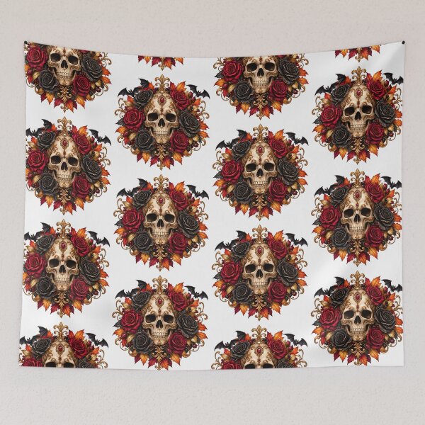 Item preview, Ornate Gothic Skull – Ebony Roses, Rich Red Flowers & Golden Filigree designed and sold by Clothes With Smiling Animals Walt Gral.