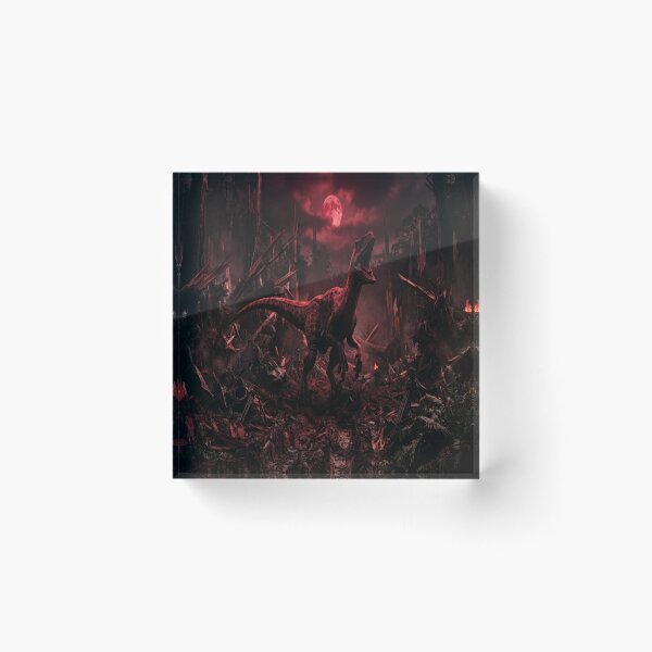 Item preview, Raptor Dinosaur Under Red Moon in Destroyed Forest designed and sold by AfresStudio.