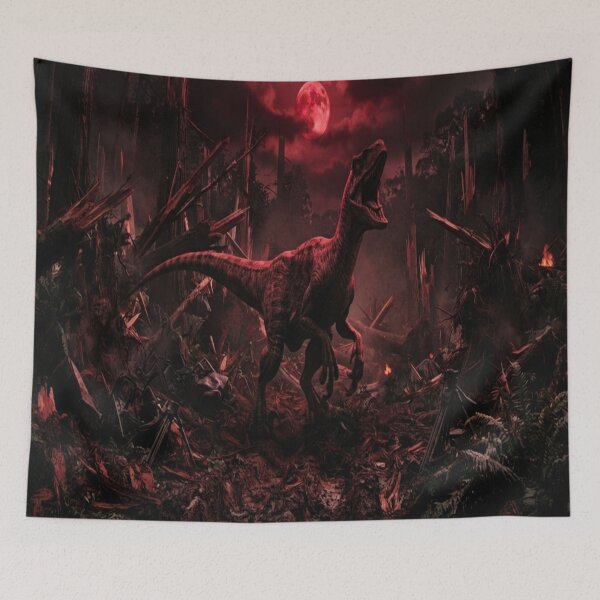 Item preview, Raptor Dinosaur Under Red Moon in Destroyed Forest designed and sold by AfresStudio.