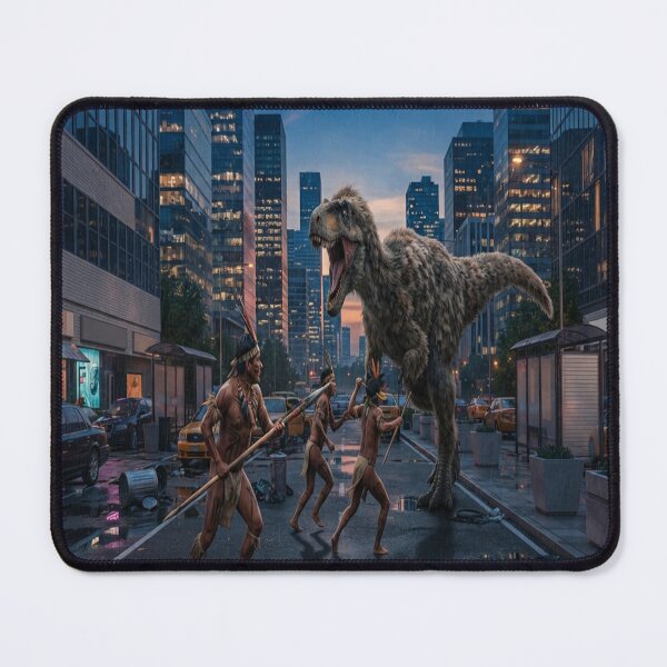 Item preview, T Rex Attacking Warriors in Modern City Street designed and sold by AfresStudio.