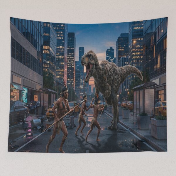 Item preview, T Rex Attacking Warriors in Modern City Street designed and sold by AfresStudio.