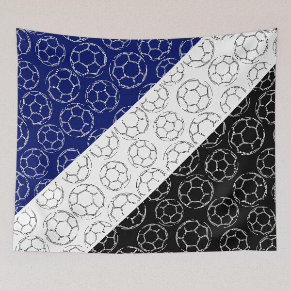 Item preview, Line art soccer balls on angled color blocks - blue & black  designed and sold by katzdzynes.