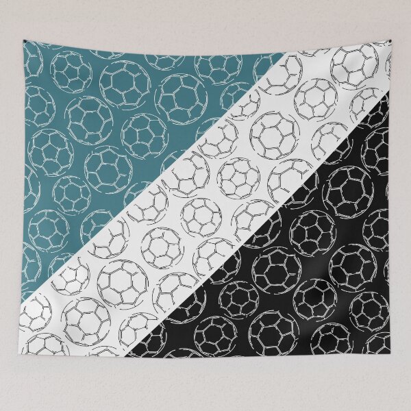 Item preview, Line art soccer balls on angled color blocks - teal & black  designed and sold by katzdzynes.