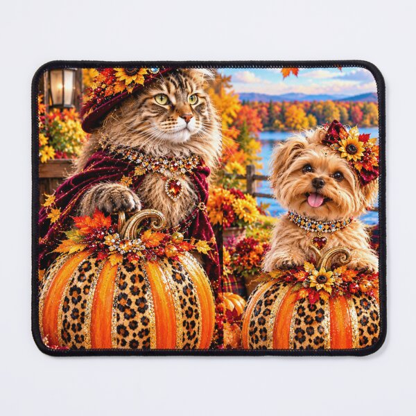Item preview, : Fancy Maine Coon Cat & Yorkie in Leopard Pumpkins Autumn Portrait designed and sold by Extremeallie.