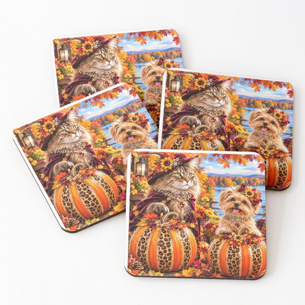 Item preview, : Fancy Maine Coon Cat & Yorkie in Leopard Pumpkins Autumn Portrait designed and sold by Extremeallie.