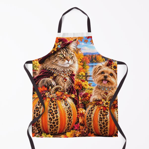 Item preview, : Fancy Maine Coon Cat & Yorkie in Leopard Pumpkins Autumn Portrait designed and sold by Extremeallie.
