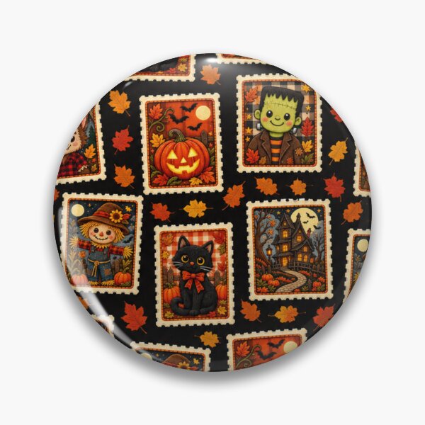 Item preview, Vintage Kawaii Halloween Postage Stamp Pattern with Pumpkin, Black Cat, Frankenstein, Werewolf, Haunted House & Scarecrow designed and sold by ALH Apparel.