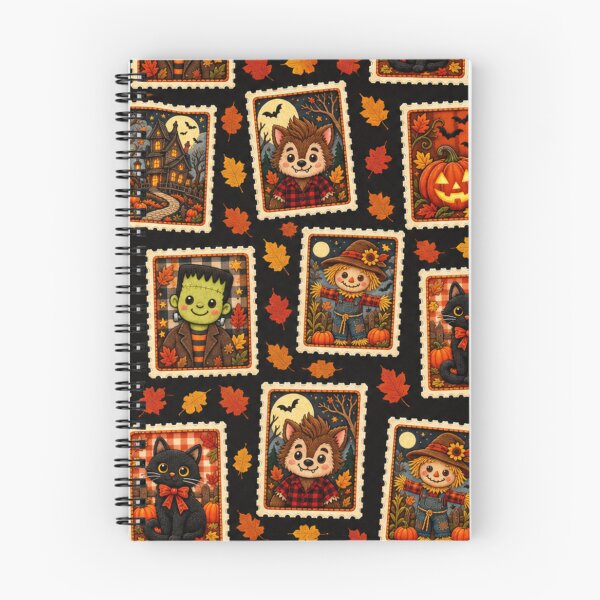 Item preview, Vintage Kawaii Halloween Postage Stamp Pattern with Pumpkin, Black Cat, Frankenstein, Werewolf, Haunted House & Scarecrow designed and sold by ALH Apparel.