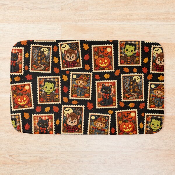 Item preview, Vintage Kawaii Halloween Postage Stamp Pattern with Pumpkin, Black Cat, Frankenstein, Werewolf, Haunted House & Scarecrow designed and sold by ALH Apparel.