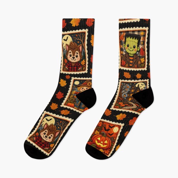 Item preview, Vintage Kawaii Halloween Postage Stamp Pattern with Pumpkin, Black Cat, Frankenstein, Werewolf, Haunted House & Scarecrow designed and sold by ALH Apparel.