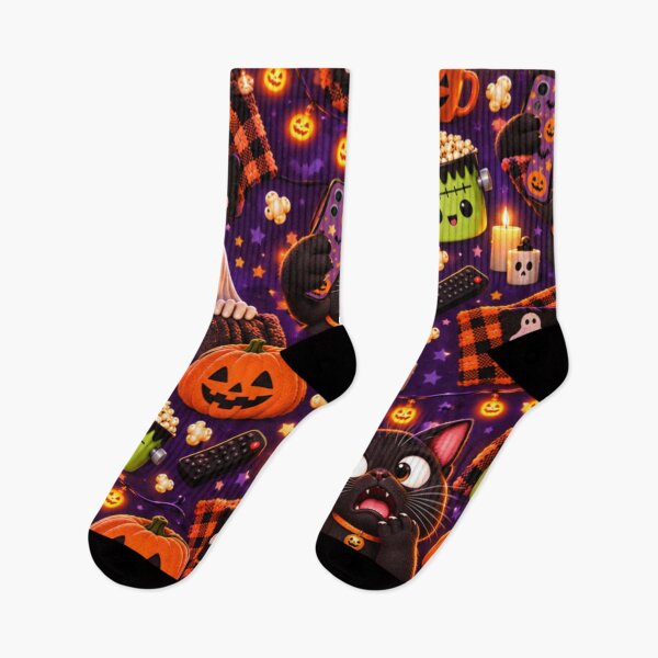 Item preview, Kawaii Halloween Black Cat Pattern – Cute Ghost, Pumpkins, Frankenstein Popcorn & Cozy Spooky Design designed and sold by ALH Apparel.