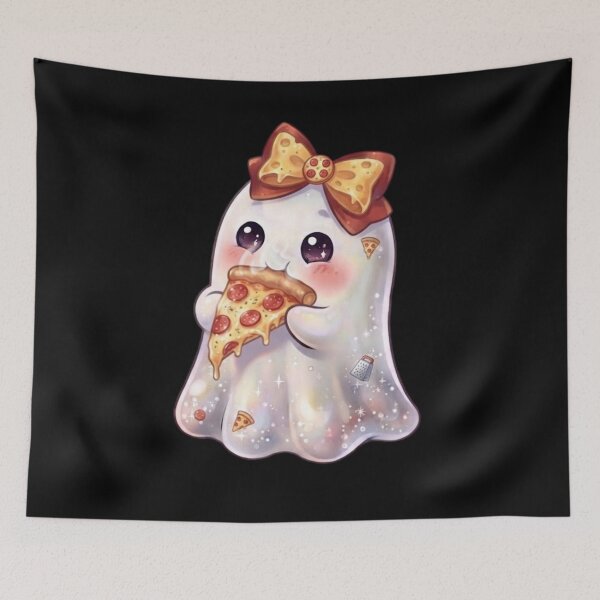 Item preview, Cute Kawaii Ghost Eating a Pepperoni Cheesy Pizza Slice Design / Halloween / Ghosts / Foodie / T-shirts mugs stickers phone case hardcover journal poster designed and sold by TeenLake.