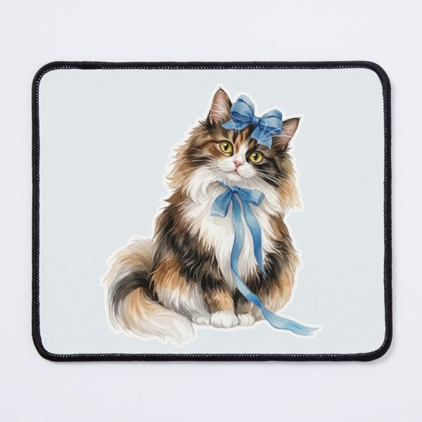 Item preview, Fluffy Longhair Cat with Blue Ribbon - Cute Watercolor Kitty designed and sold by PetalsPaws.