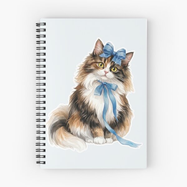 Item preview, Fluffy Longhair Cat with Blue Ribbon - Cute Watercolor Kitty designed and sold by PetalsPaws.