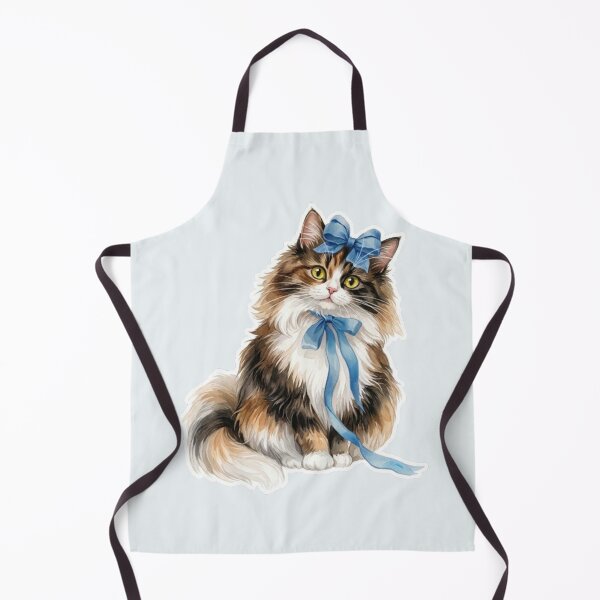 Item preview, Fluffy Longhair Cat with Blue Ribbon - Cute Watercolor Kitty designed and sold by PetalsPaws.