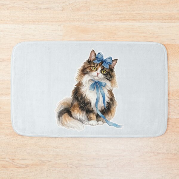 Item preview, Fluffy Longhair Cat with Blue Ribbon - Cute Watercolor Kitty designed and sold by PetalsPaws.