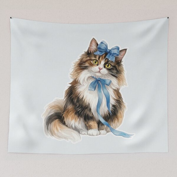 Item preview, Fluffy Longhair Cat with Blue Ribbon - Cute Watercolor Kitty designed and sold by PetalsPaws.