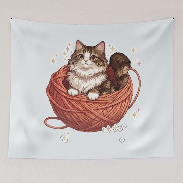 Item preview, Cute Fluffy Cat in Yarn Ball - Knitting & Crochet Kitty Art designed and sold by PetalsPaws.