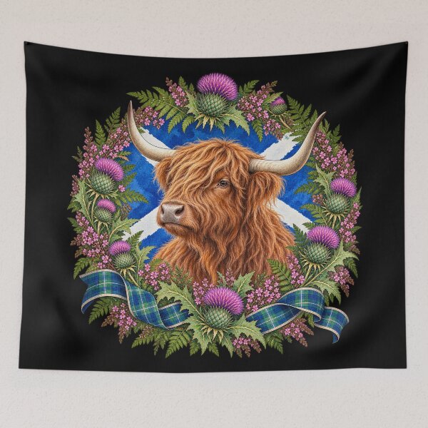 Item preview, Highland Cow Scottish Thistle Saltire Heritage Wreath Design designed and sold by ArcanePrintsxo.