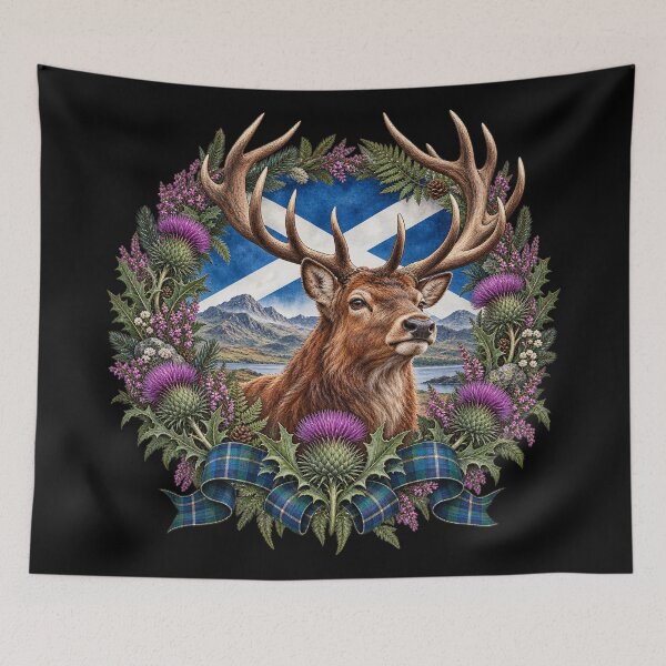 Item preview, Scottish Stag Saltire Thistle Highland Heritage Wreath Design designed and sold by ArcanePrintsxo.
