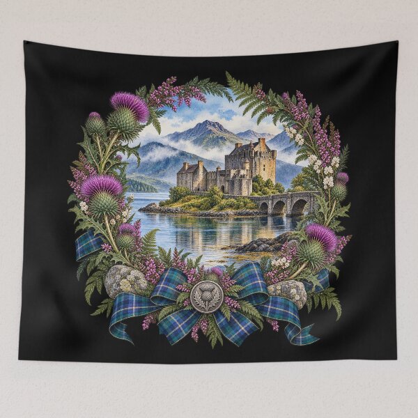 Item preview, Eilean Donan Castle Scottish Highland Thistle Tartan Wreath designed and sold by ArcanePrintsxo.