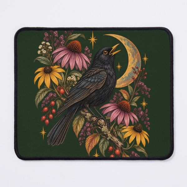 Item preview, Black Crow Wildflower Moon Art Gothic Nature Bird Illustration Boho Autumn Wall Art designed and sold by SezzyDesigns.
