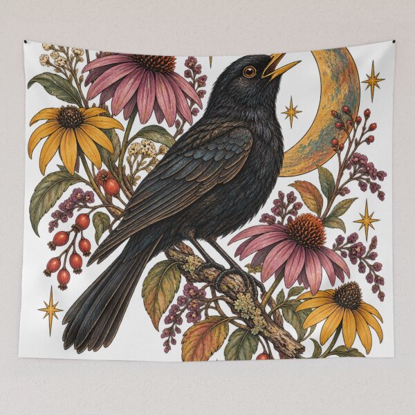Item preview, Black Crow Wildflower Moon Art Gothic Nature Bird Illustration Boho Autumn Wall Art designed and sold by SezzyDesigns.