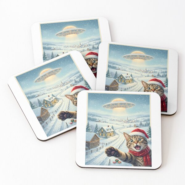 Item preview, Funny Christmas Cat Selfie UFO Retro Winter Village designed and sold by DYAFLK.