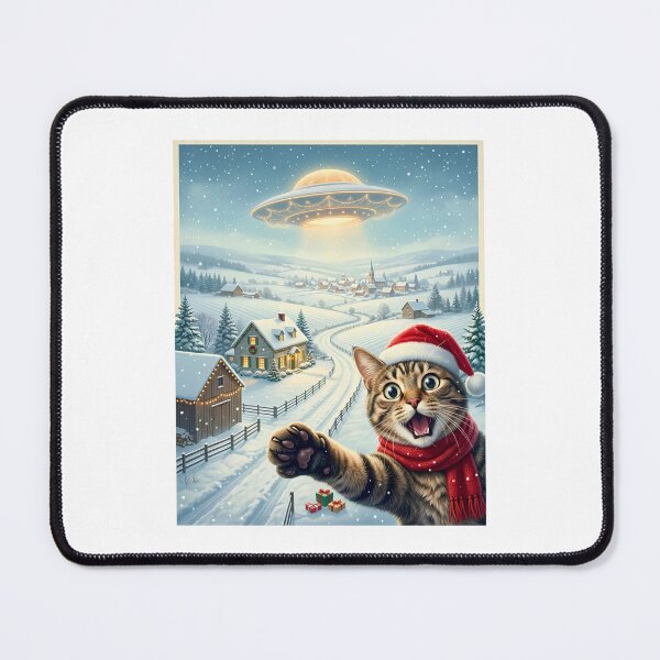 Item preview, Funny Christmas Cat Selfie UFO Retro Winter Village designed and sold by DYAFLK.