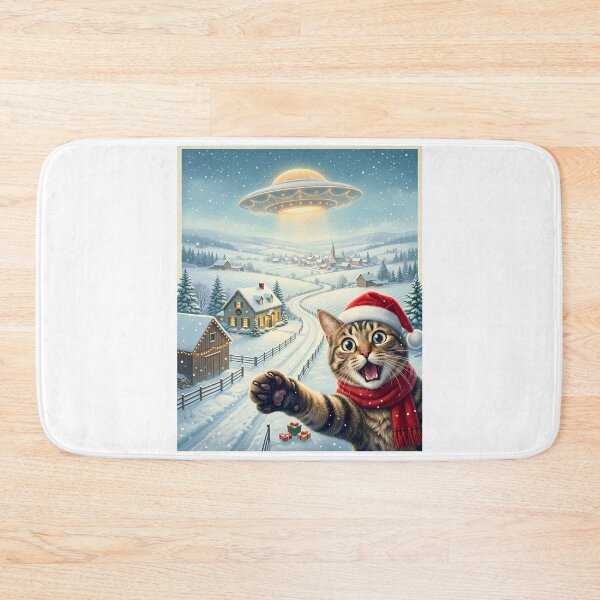 Item preview, Funny Christmas Cat Selfie UFO Retro Winter Village designed and sold by DYAFLK.
