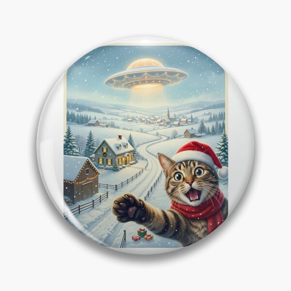 Item preview, Funny Christmas Cat Selfie UFO Retro Winter Village designed and sold by DYAFLK.