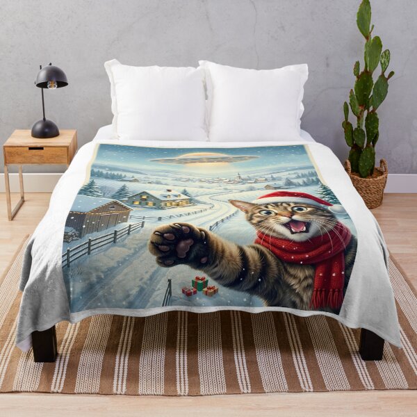 Item preview, Funny Christmas Cat Selfie UFO Retro Winter Village designed and sold by DYAFLK.
