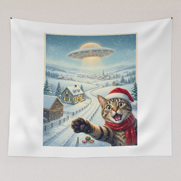 Item preview, Funny Christmas Cat Selfie UFO Retro Winter Village designed and sold by DYAFLK.