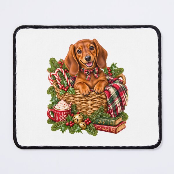 Item preview, Festive Dachshund Puppy Christmas Basket Plaid Hot Cocoa designed and sold by DYAFLK.