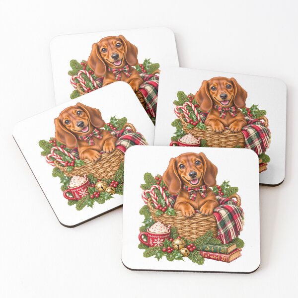 Item preview, Festive Dachshund Puppy Christmas Basket Plaid Hot Cocoa designed and sold by DYAFLK.