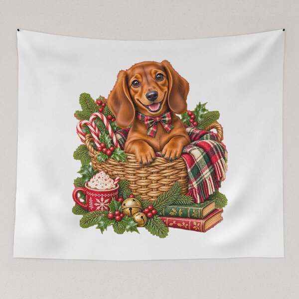 Item preview, Festive Dachshund Puppy Christmas Basket Plaid Hot Cocoa designed and sold by DYAFLK.