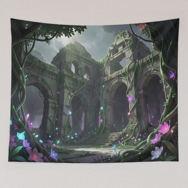 Item preview, Abandoned Temple Ruins Overgrown with Glowing Flora designed and sold by Fanta-sticky.