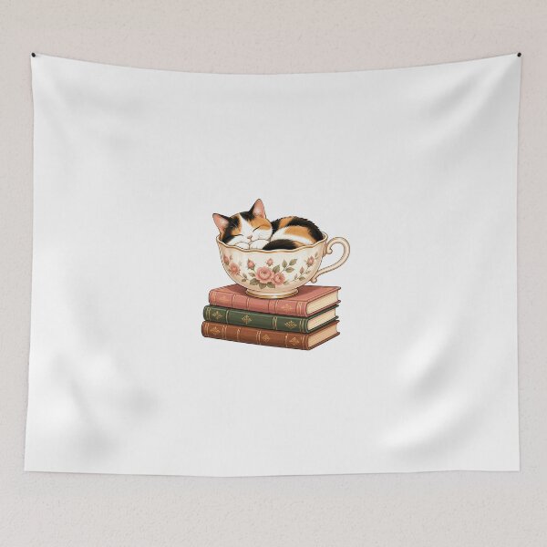 Item preview, Cozy Calico Cat Sleeping In Teacup On Books Reader Sticker designed and sold by NEL-BOX.