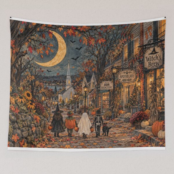 Item preview, Cozy Halloween Village Autumn Small Town Trick or Treat Moonlit Street Folk Art designed and sold by SezzyDesigns.