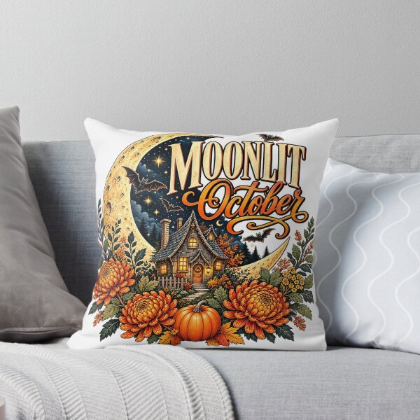 Item preview, Moonlit October – Cozy Halloween Cottage & Crescent Moon designed and sold by webpatty.