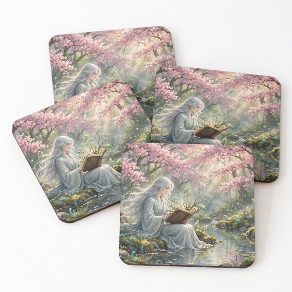 Item preview, A Female Sage Reads a Magical Book Surrounded by Cherry Blossom Trees designed and sold by Fanta-sticky.