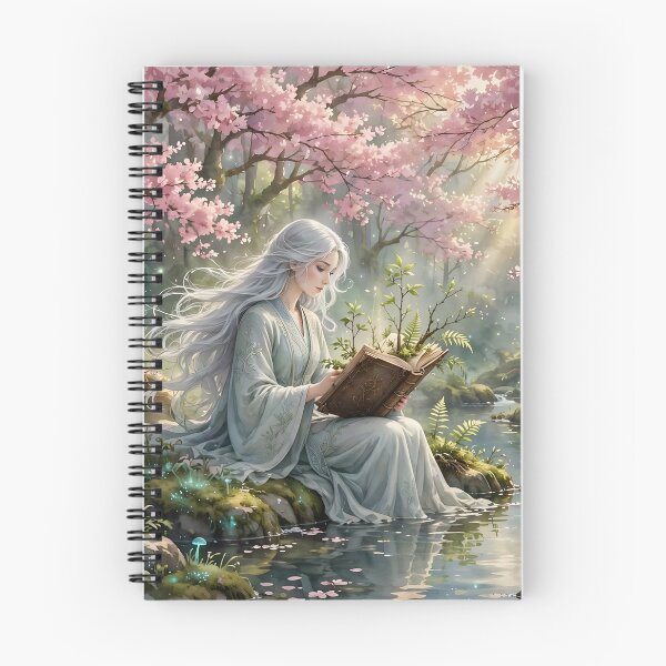 Item preview, A Female Sage Reads a Magical Book Surrounded by Cherry Blossom Trees designed and sold by Fanta-sticky.