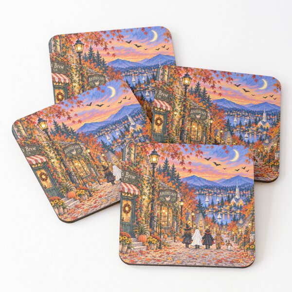 Item preview, Cozy Halloween Village Autumn Small Town Trick or Treat Moonlit Street Folk Art designed and sold by SezzyDesigns.