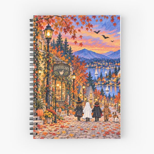 Item preview, Cozy Halloween Village Autumn Small Town Trick or Treat Moonlit Street Folk Art designed and sold by SezzyDesigns.