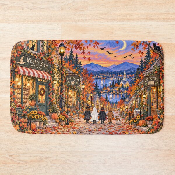 Item preview, Cozy Halloween Village Autumn Small Town Trick or Treat Moonlit Street Folk Art designed and sold by SezzyDesigns.