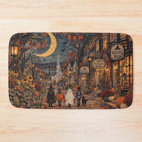 Item preview, Cozy Halloween Village Autumn Small Town Trick or Treat Moonlit Street Folk Art designed and sold by SezzyDesigns.
