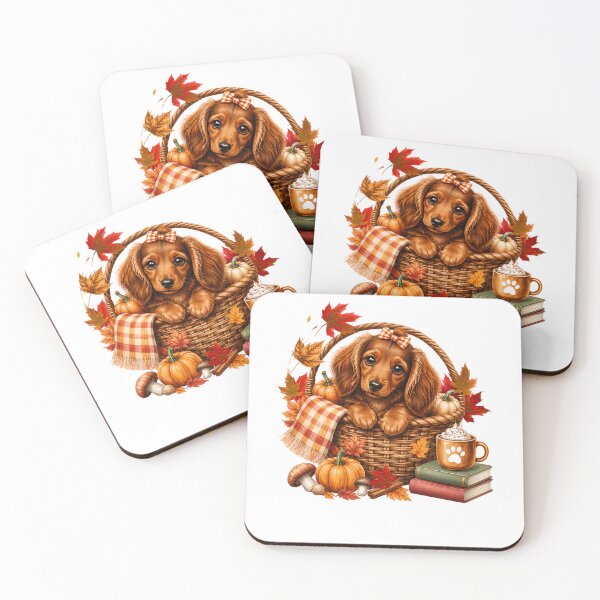 Item preview, Cozy Fall Dachshund Puppy Basket Autumn Pumpkins Books designed and sold by DYAFLK.